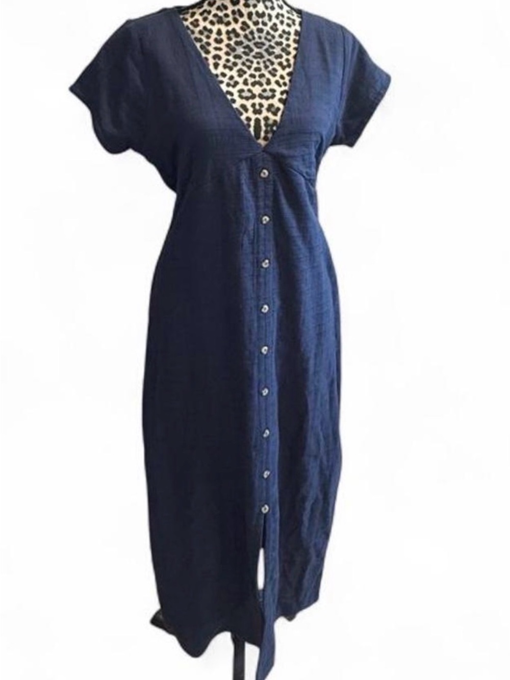 VENUS Navy Button-Front Midi Dress